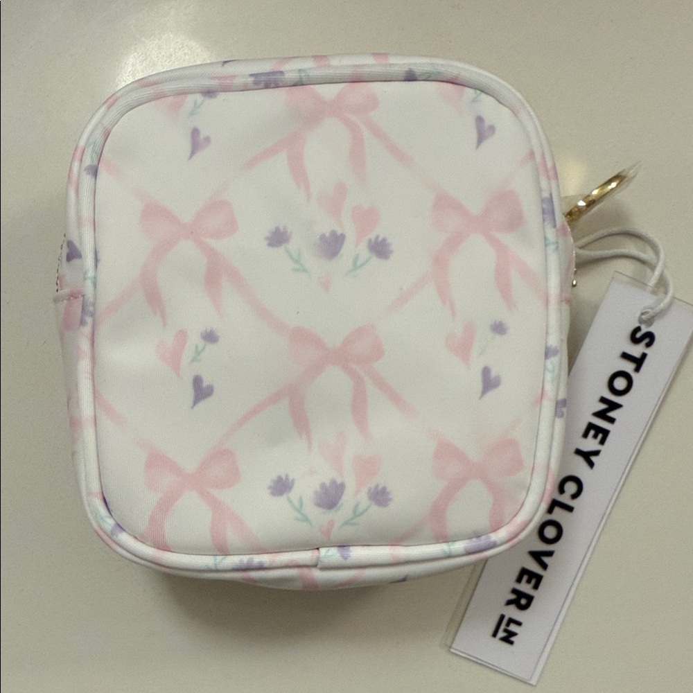Stoney Clover Lane White Pouch with Pink Bows and Lilac Hearts